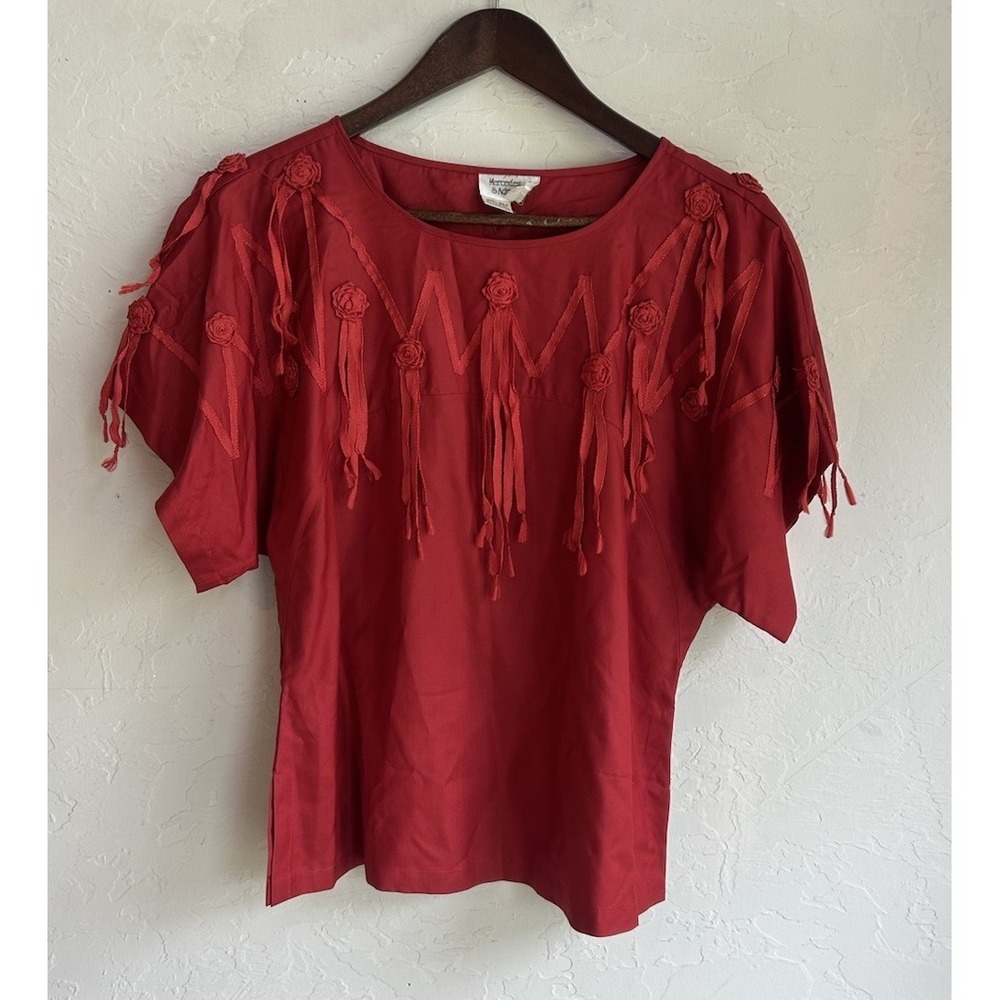 Vintage 80s 100% Silk Mercedes & Adrienne Top 8 Fringe Rosette Western Romantic